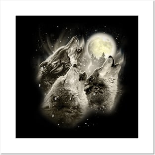 Three Wolves Howling in Moonlight Posters and Art